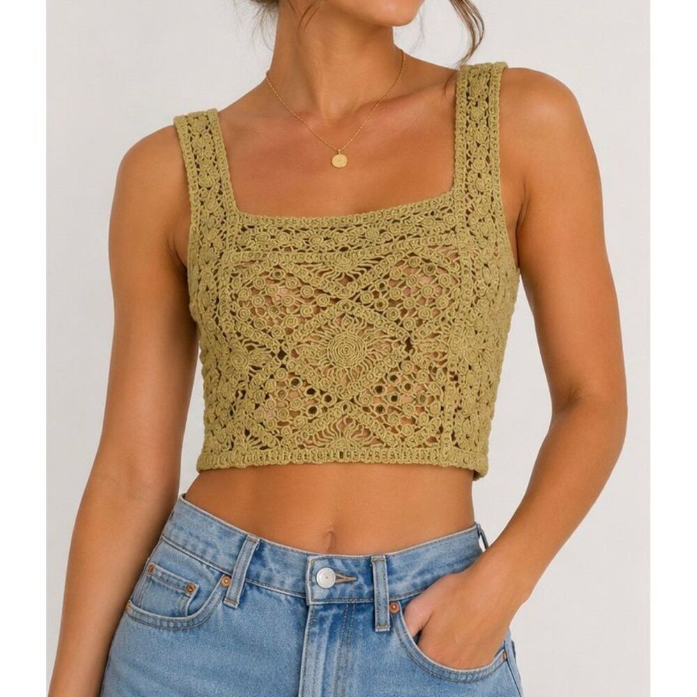 POL Crochet Crop Top Size S Beige Boho Festival Open Knit Tank